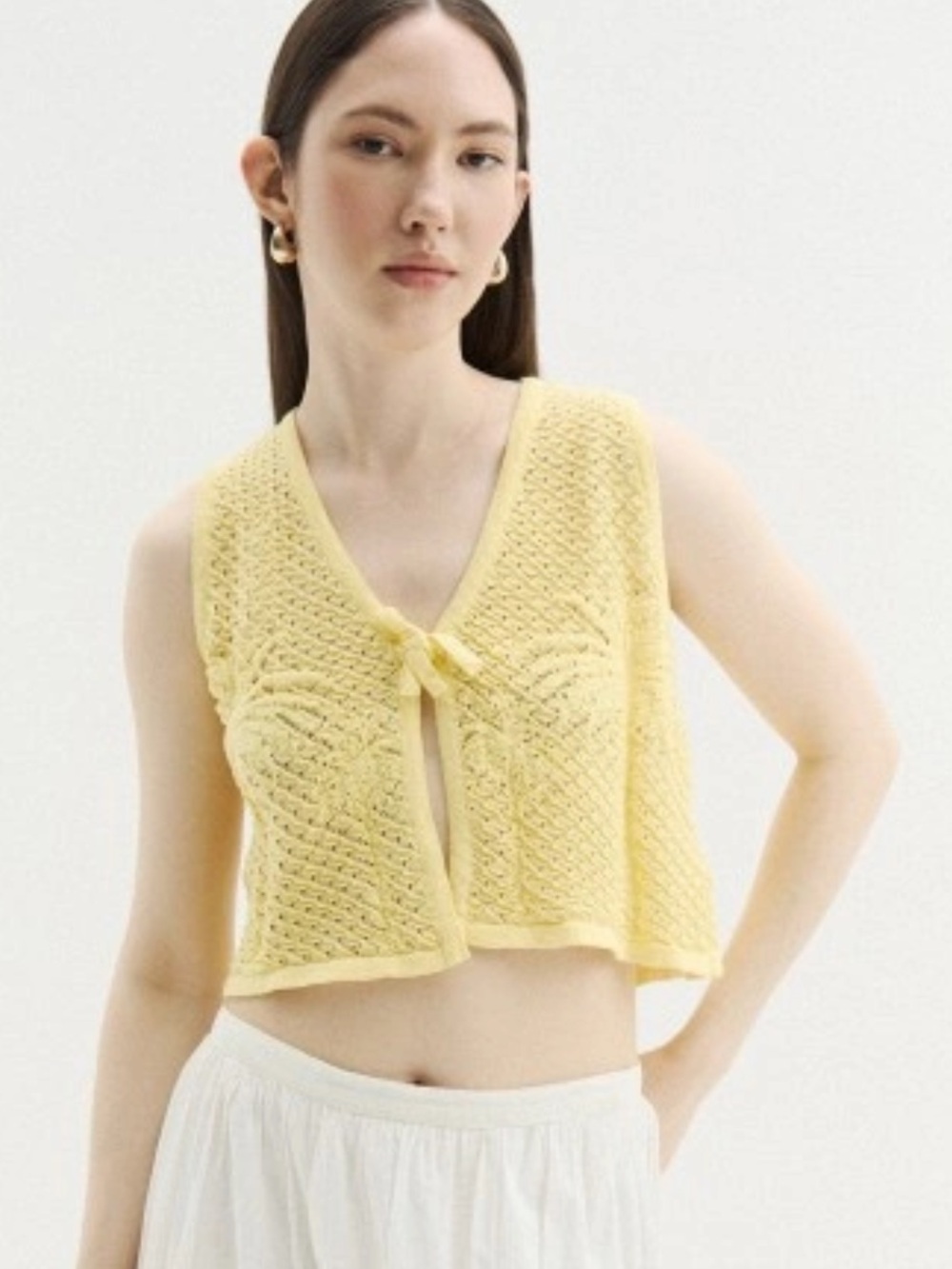 Maaji x Sprite Pale Yellow Openwork crochet Tie-Front Cropped Tank M